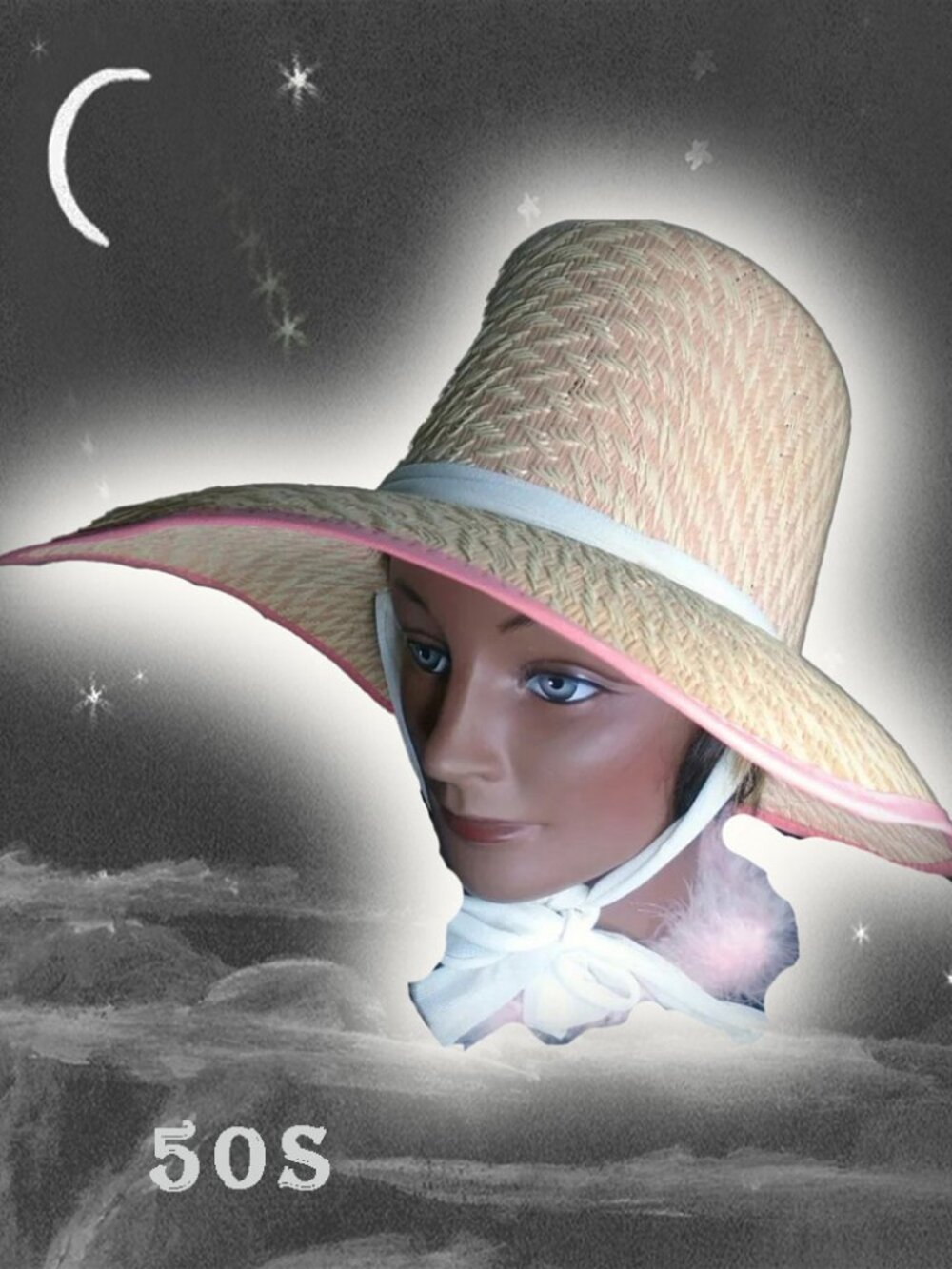 Vintage PINK Sun Hat + HATBOX Big Brim With Chin Tie Cottagecore Prairie Chic
